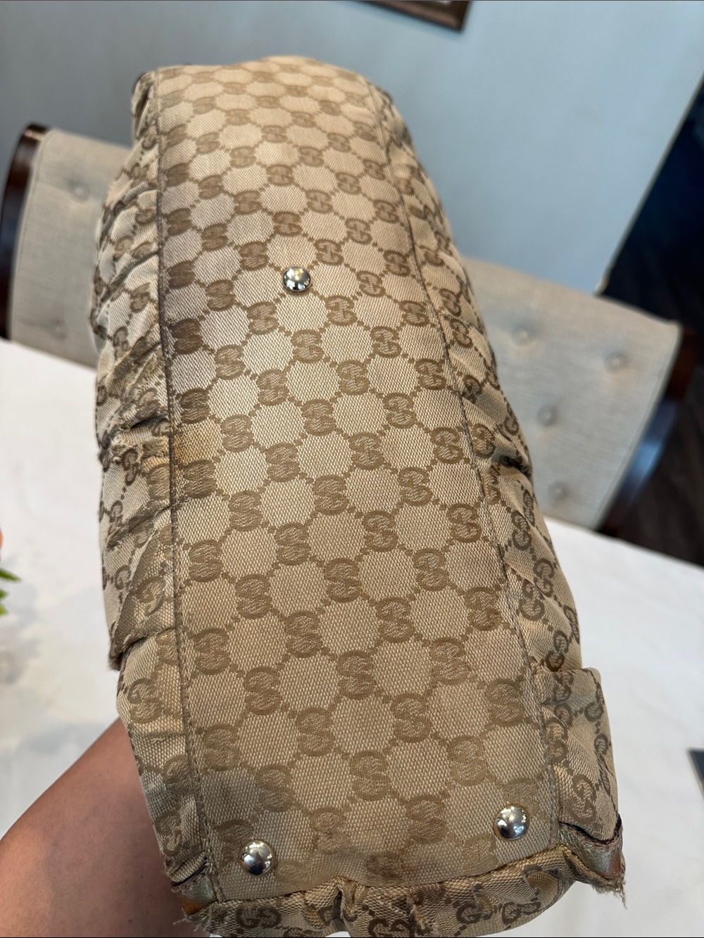 Authentic Gucci Tan GG Monogram Shoulder Bag with Metallic Trim - Picture 6 of 14